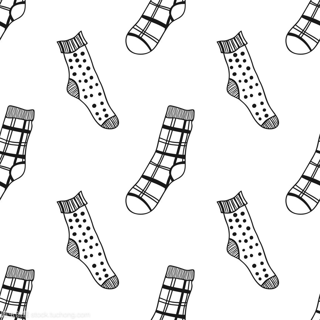 襪子。黑白無縫圖案, 用于著色書籍和頁面。針織服裝。矢量插圖
